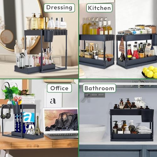 Miniatura 2 de Spacely Organizador y almacenamiento para debajo del fregadero, 2 unidades de organizador de gabinete extraíble con altura ajustable, estantes de