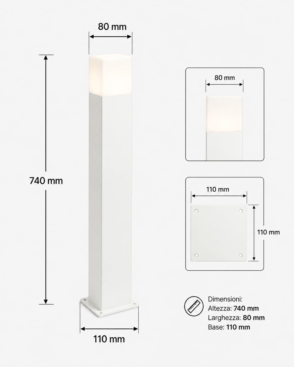 Lampioncino da Giardino E27 Bianco 74 cm Paletto Luce Esterno Moderno per Vialetti e Ingressi Attacco E27 Alluminio Diffusore Opaco IP44 (Bianco)