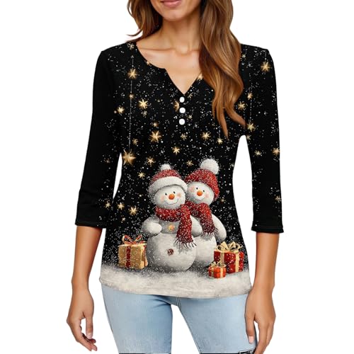 Image of Women Christmas Shirt 3 /4 Length Sleeve Henley Tops Xmas Outfits