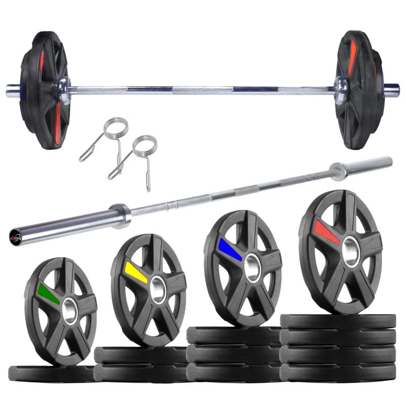 - Home Gym Set, Olympic Weight Plates 30KG X-Cut Set, Professional Rubber-Coated Iron Plates (51mm) with 6FT Straight Olympic Barbell Rod - Home Gym Equipment for Weightlifting & Powerlifting (Load Capacity 150KG)