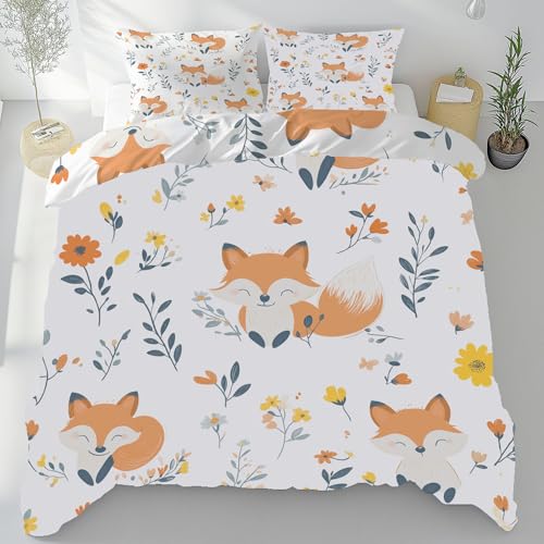 Renard De Dessin Animé Mignon Parure de Lit Plantes De Style Simple Enfant Ado, Douce et Respirante Housse de Couette Renard Imprimé Animal 140x200cm avec...