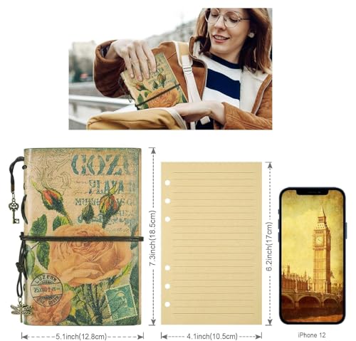 Image of Vintage Refillable Journal, Premium Leather Traveler Notebook Sketchbooks Classic Diary Planner with Blank Pages and Zipper Pocket (Leather Journal-Pink Flowers)