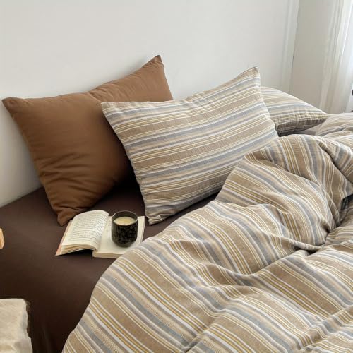 Image of Nayoroom Striped Duvet Cover Queen Size Blue Brown Stripe Duvet Cover Dorm Bedding Set 3 Pieces Soft Breathable Microfiber Farmhouse Bedding Set