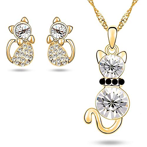 Preisvergleich Produktbild Schmuckhandel Haak *Katze* Halskette mit Ohrringen / Gelbgold beschichtet / Swarovski® Kristalle / inkl. Etui und Schmuckzertifikat