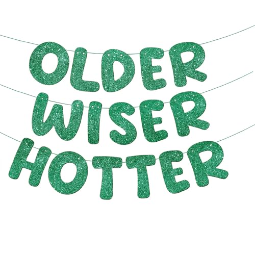 Image of Fulmoon Set of 3 Pre Strung Older Wiser Hotter Glitter Banner Funny Birthday Banner for Women 30th 40th 50th 60th 70th 80th Birthday Party Decorations Sign Gift(Green)