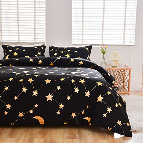 Aimuan Galaxy Comforter Set Gold Star And Moon Celestial Girl Quilt Set Metallic Print Kid Childrens Bedding Set 3 Pcs (Queen, Black/Gold) #TOP1