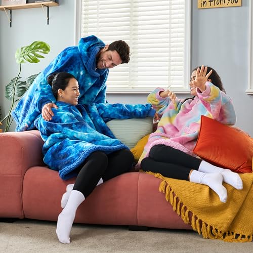 Image of Giggling Getup Wearable Blanket Hoodie for Women Men - Oversized Flannel Sherpa Fleece Sweatshirt Blanket - with Giant Pocket & Sleeves - Cozy Warm Blanket Birthday Gifts for Adults Dark Blue Tie Dye