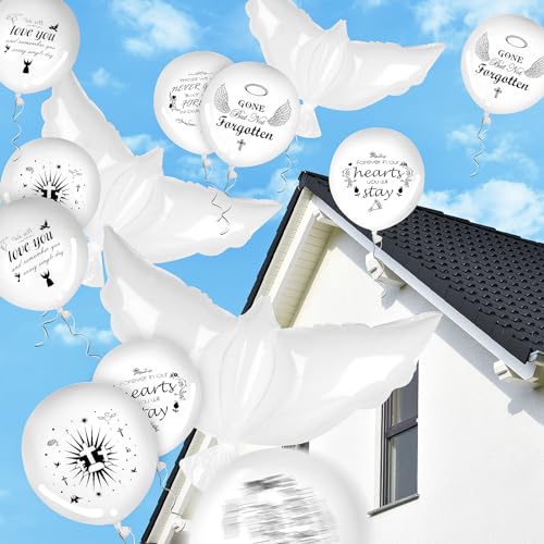 Image of 4PCS White Dove Balloons and 35PCS Memorial Balloons to Release in Sky Memorial Balloon for Release Happy Heavenly Balloon for Condolence, Funeral, Anniversary, Remembrance Services
