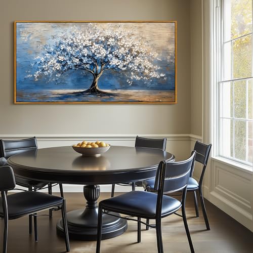 SERIMINO Tree of Life Wall Art, Framed Wall Art Large Artwork, Cherry Blossom Tree Abstract Paintings Prints, Nature Canvas Art Wall Decor, Blue Neutral Pictures for Living Room Bedroom Office 30"X60"