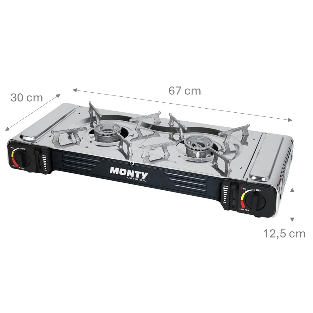 LOLAhome Cocina de Gas Portátil con 2 Quemadores y Maletín - Hornillo Camping Gas - Encendido Piezoeléctrico, Doble Sellado de Válvula y Protección Sobrepresión. Cartuchos Gas estándar - 65x28x12 cm