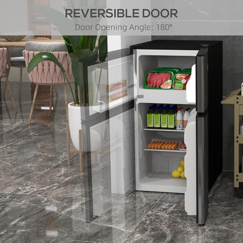 HOMCOM Mini Fridge with Freezer, 3.2 Cu. Ft. Compact Refrigerator with Adjustable Shelves, Mechanical Thermostat, Reversible Double Doors for Bedroom, Kitchen, Apartment, Silver - Image 6