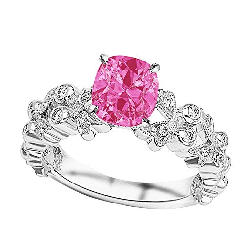 1 Carat t.w 14K White Gold Butterfly Bezel And Pave Set Round Diamond Engagement Ring w/a 0.75 Carat Cushion Cut Pink Sapphire Heirloom Quality