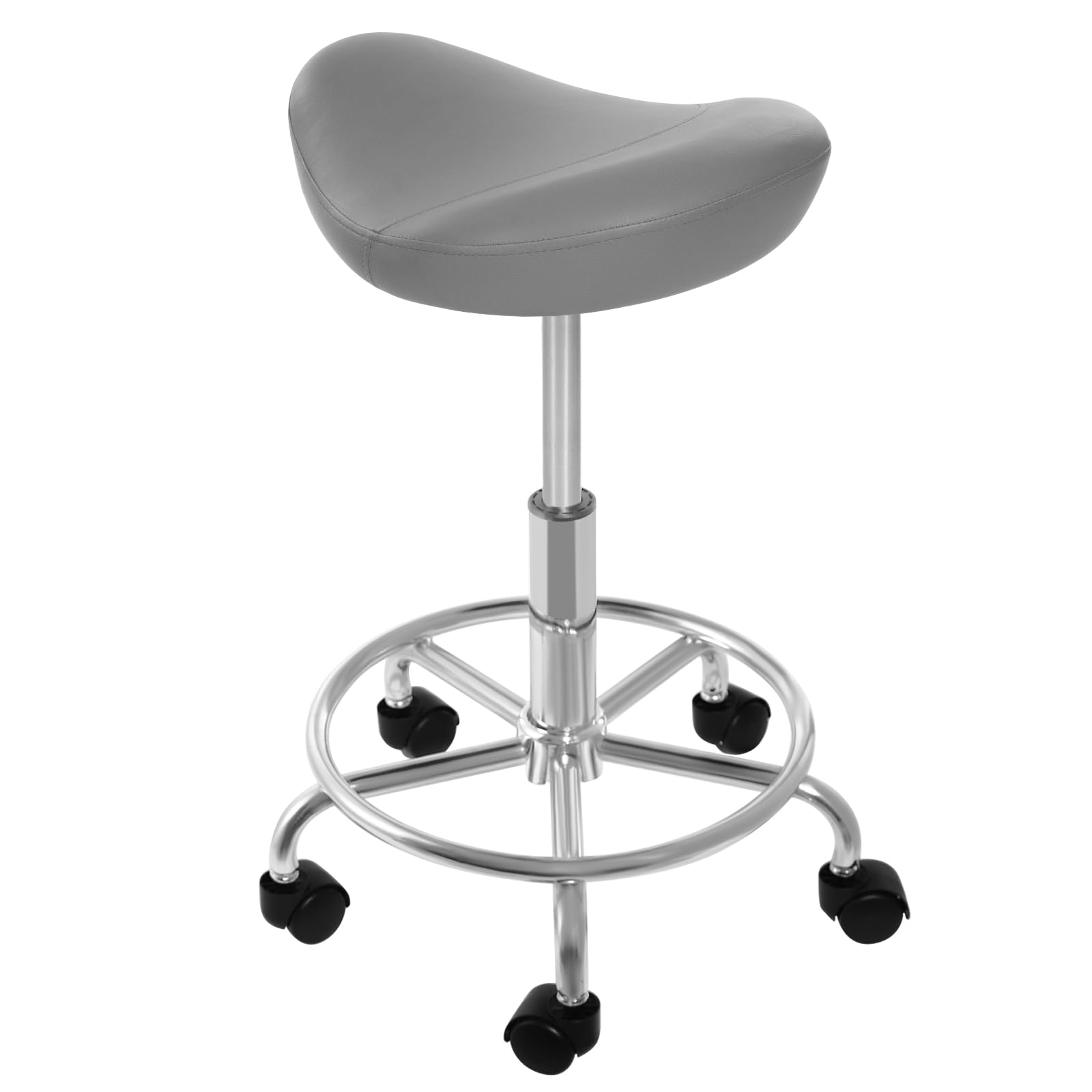Sgabello da sella ergonomico, girevole a 360°, con rotelle larghe, regolabile in altezza, per salone di bellezza, spa e ufficio, grigio