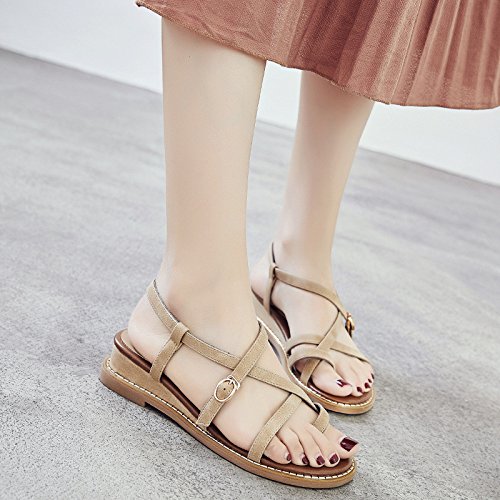 YFJBHDIAN Pendiente con hebilla romana sandalias de verano femeninas planas retro chic con sandalias, Buff,35 Cover