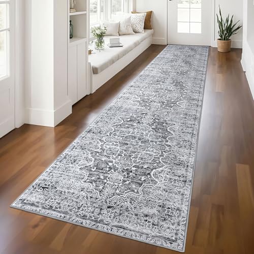 KUTA Vintage Washable Runner Rug 2.6x12, Non-Slip Hallway Kitchen Runners Grey White with Rubber Backing, Soft Printed Modern Medallion Extra Long 12ft Carpet Rugs Indoor for Bedroom