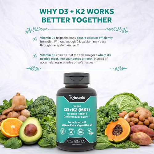 Image of Naturalis Vegan Vitamin D3+K2 from Algae | 5000 IU D3 with 120mcg MK7 | Vegan Society Certified,Sustainably Sourced,Better Than Animal Derived | Better Support for Bone & Immune Health* | 60 Softgels