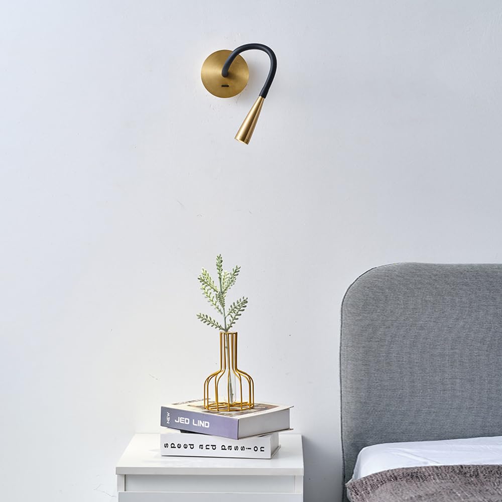 Nowoczesna lampa ścienna z regulowanym wężem LED, elastyczną łabędzią szyją i włącznikiem/wyłącznikiem, idealna do sypialni, stolika nocnego, gabinetu lub kącika do czytania.