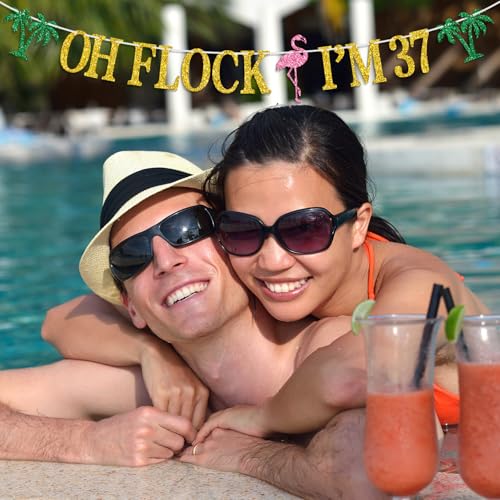Image of Oh Flock I'm 37 Banner, Glitter Happy 37th Birthday Anniversary Party Decorations, Pineapple Party Decor, Hawaiian Luau Tropical Aloha 37 Theme Party Photo Props