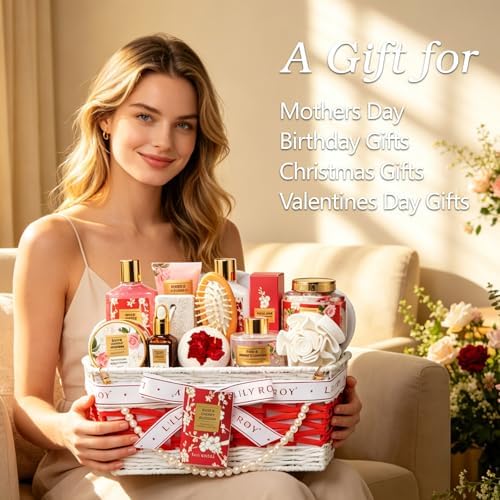 Mothers Day Gifts for Women - Rose & Cherry Blossom Bath and Body Gift Basket Set for Mother Spa Gift Set for Women - 19-Piece Bath & Body Care Kit | Mothers Day Gift for Mom, Christmas Gifts, Valentines Day, Gift for Wife