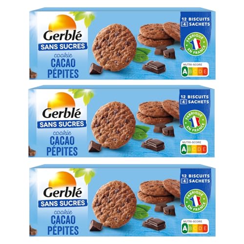 GERBLÉ – Cookies Cacao Pépites de Chocolat – Sans Sucres – Source de Fibres – Cacao Durable – Sans Huile de Palme – Nutri-Score A – Lot de 3...