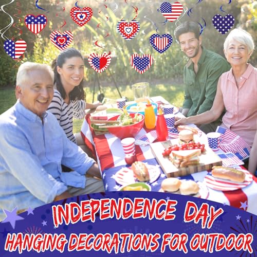 Image of Marspark 50 Pack Patriotic Foil Hanging Swirl 4th of July Office Decoration Red White and Blue Decor American Flag Star Ceiling Hanging Decor for 250th Aniversary Independence Day Home(Heart Style)