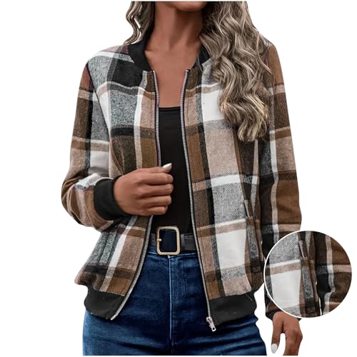 YRAETENM Flannel Jacket Women Stand Collar Long Sleeve Zip up Plaid Shackets Casual Warm Bomber Jackets Coats Fall Outfits2