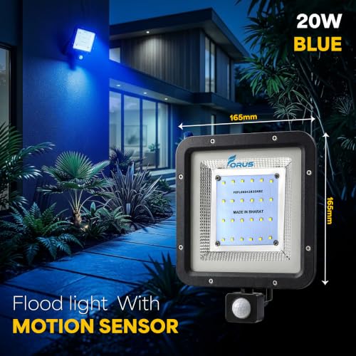 Image of Forus 20W LED Flood Light Blue with Motion Sensor Auto On Off Day Night Mode Waterproof Outdoor Security Light for Garden Parking Garage Factory Warehouse Shop High Bright Floodlight 4Yr Warranty-1Pc