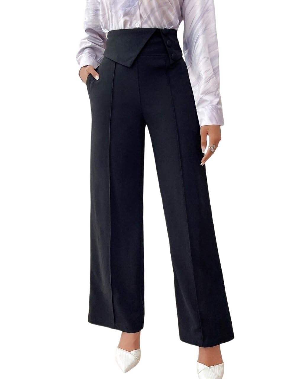 Womens Clothes Solid Color High-Waist Button Straight Leg Pants Trousers Fall Outfits