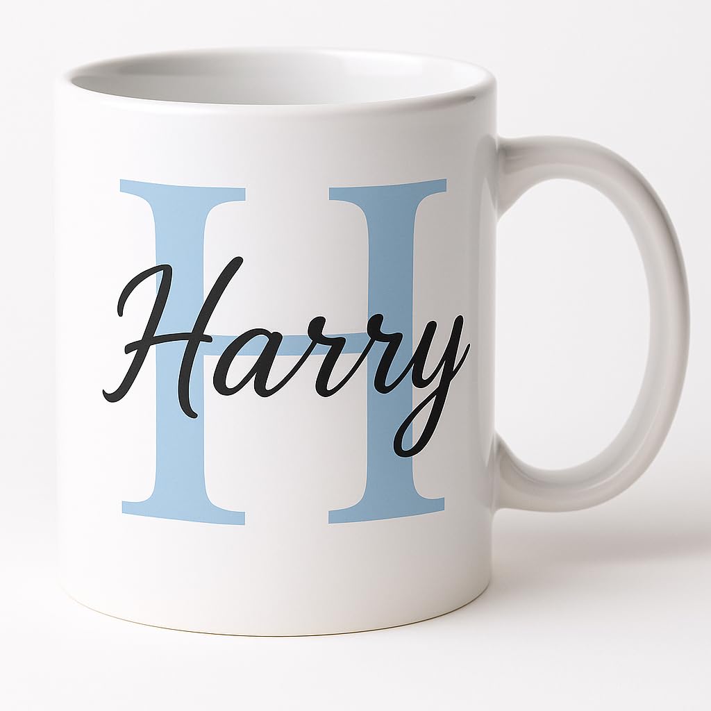 Vacso Trading Personalised Initial Mug – 11oz Custom Name Coffee Cup | Blue or Pink Initial with Black Name | Gift for Women & Men (Blue Initial)