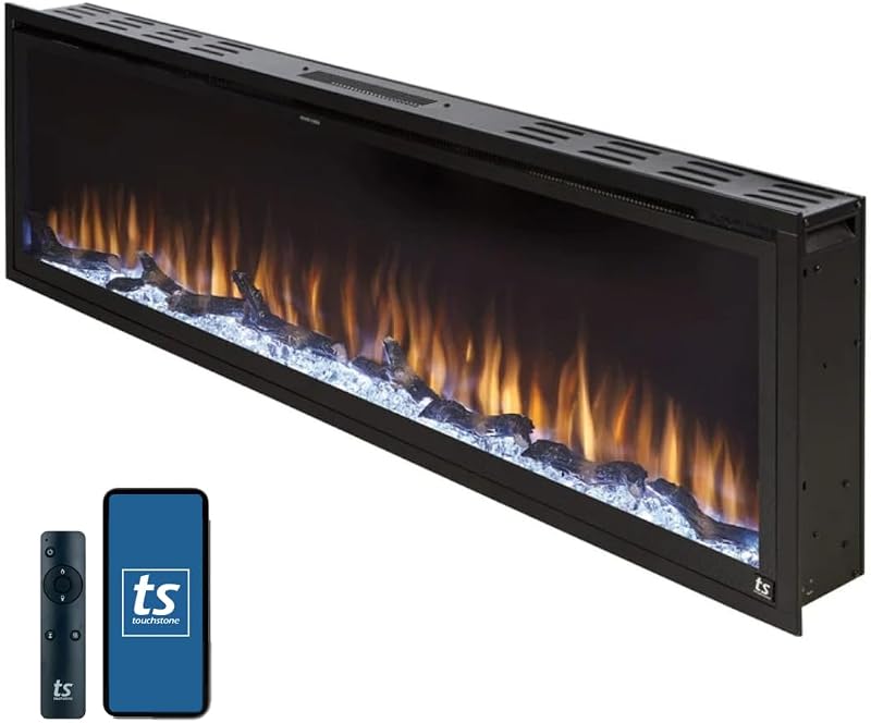 Chimenea eléctrica Touchstone Sideline Elite Smart de 60" con WiFi - Empotrada en la pared - 60 combinaciones de colores - Calentador de 1500 W - Negro - Leños, cristales y madera flotante - 80037