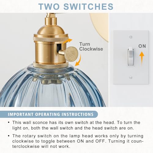 Image of Hardwired Wall Sconce Light, Vintage Wall Sconce with Switch, Gold Wall Light Fixture with Tulip Denim Blue Glass Lampshade, Indoor Wall Light for Bedroom Bathroom, Bedside Wall Lamp
