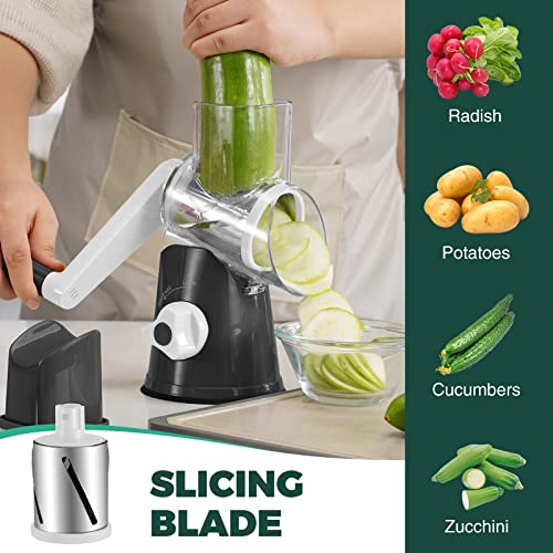 Cheese Grater With Handle, Kitchen Manual Cheese Shredder With 3 Interchangeable Blades, Rotary Cheese Grater Handheld With Strong Suction Base, Vegetable Slicer Nuts Grinder With Clean Brush Black #TOP4