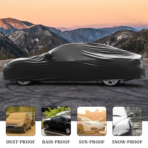 Image of BHIEE Car Cover Waterproof Soft Stretch Full Cover All Weather Protection for Indoor and Outdoor, Underground Garage, Car Showroom, Black, Fit up to 193 inch-208 inch