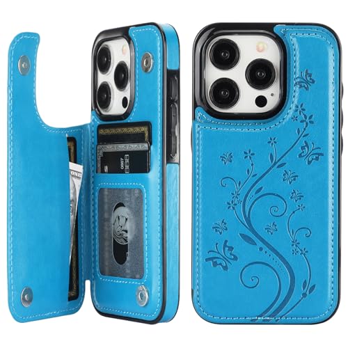 Vaburs Compatible with iPhone 15 Pro Case Wallet with Card Holder,Embossed Butterfly Pattern PU Leather Double Buttons Flip Protective Shockproof Cover for Magnetic Car Mount 6.1 Inch (Blue)