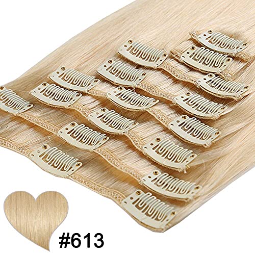 Elailite Blonde Clip in Hair Extensions Real Human Hair, 8 Pieces Thin Weft Full Head Remy Hair Straight, #613 Bleach Blonde - Image 2