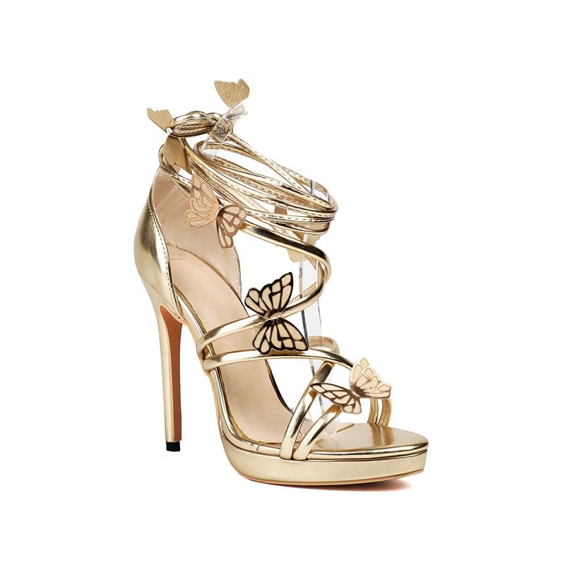 Veelau Meieer Damen Plateau Sandalen mit Stilettoabsatz Schnürsandalen High Heels mit 3D-Schmetterling Gold 41 EU