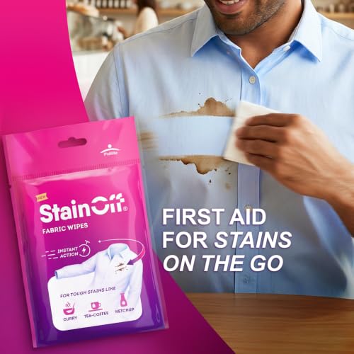 Image of StainOff Stain Remover Wipes For Tough Stains like Tea, Curry, Mud Stains, Helps Remove Stains from White and Coloured Clothes, Fabric (5 in 1 Pack)