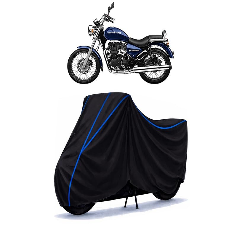 Image of Thunderbird 350 BS6 Bike Cover Water Resistant Universal Motorcycle Rain | Heavy Duty UV Protection, Dust, Scratch Indoor Outdoor All Weather with Black Blue Piping Elastic