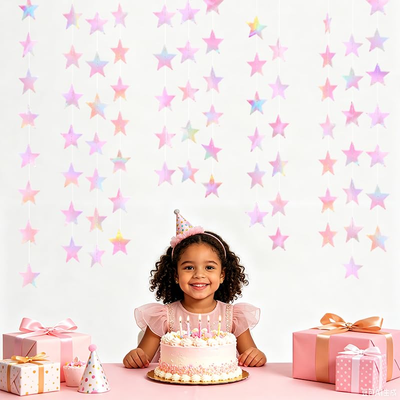 Image of Iridescent Pink Shining Star Hanging Garland Pink Holographic Hanging Sparkling Star Streamer Glitter Star Banner Twinkle Star Backdrop for Wedding Baby Shower Birthday Christmas Decorations 40 Feet