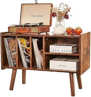 Record Player Stand with Vinyl Storage Holds Up to 300lb, Large Record Player Table Cabinet for Album Storage with Holder Vinyl Display Shelf, Wood Turntable Stand for Bedroom Living Room (Brown)