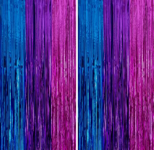 2 Pack 3.3x6.6ft Blue Purple Hot Pink Metallic Tinsel Foil Fringe Backdrop Door Streamers Butterfly Mermaid Girls Birthday Bridal Baby Shower Halloween Graduation Music Hunters Theme Party Decoration
