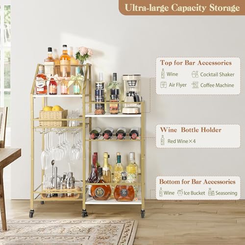 Image of VINAEMO Gold Bar Cart With Wine Glass Holder, Stand for Home, Small Mini Bar for Whiskey Wine, Liquor Cart, Alcohol Cabinet for Kitchen, Dining Room
