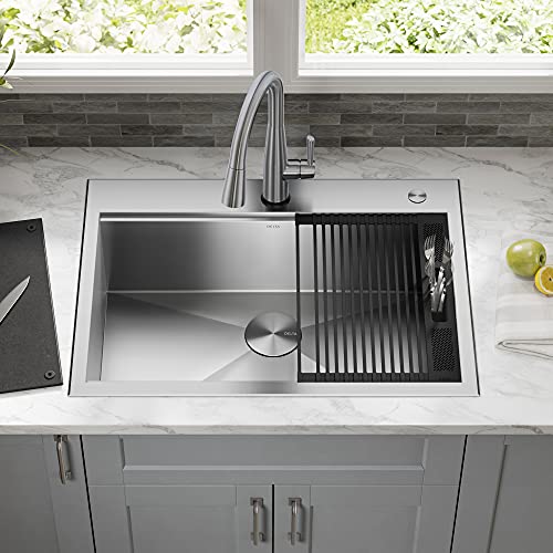 DELTA-FAUCET-Rivet-30-Inch-Workstation-Kitchen-Sink-Drop-In-Top-Mount-16-Gauge-Stainless-Steel-Single-Bowl-with-WorkFlow-Ledge-and-Chefs-Kit-of-5-Accessories-95A931-30S-SS DELTA FAUCET Rivet 30 Inch Workstation Kitchen Sink Drop In Top Mount 16 Gauge Stainless Steel Single Bowl with WorkFlow Ledge and Chefs Kit of 5 Accessories 95A931 30S SS