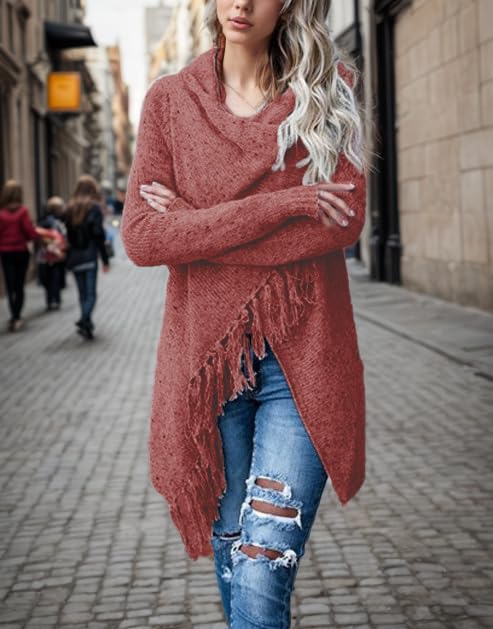 Image of Women's Open Front Knited Tassels Slash Loose Cardigan Crew Neck Speckled Fringe Sweater Outwear