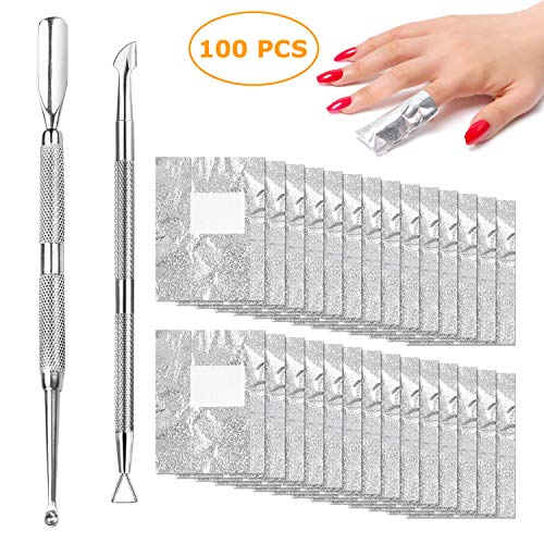 Squadare Cuticle and nail care set - Stainless steel cuticle pusher with spoon shaped nail cuticle cleaner and triangle cuticle peeler with scraper and 100 pcs Foil Nail Wraps