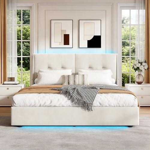 HYNHXBP Cama con canapé de 140x200cm, iluminación LED, Cama Doble tapizada, Terciopelo, Funda extraíble y Lavable (Beige, 140 x 200cm)