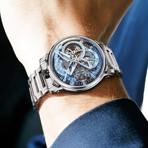Image of OLEVS Automatic Men Watch Self Winding Mechanical Moon Phase Business Luxury Diamond Dress Stainless Steel Waterproof Luminous Mens Wrist Watch