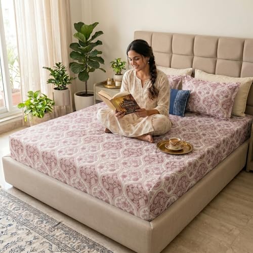 Image of Mafatlal 186 TC Grace Pure Cotton Double Size Bedsheet | 90 x 100 Inch | Soft Breathable Cotton Bed Sheet Set with 2 Pillow Covers | Ruby Red