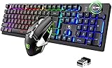 Rechargeable Gaming Wireless Keyboard and Mouse Combo Rainbow RGB LED Backlit Suspended Keycap Mechanical Feel 4800mAh Large Capacity Lithium Battery for Mac PC Laptop Computer Game Work Office