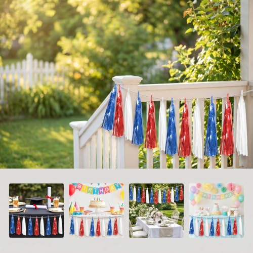 Image of 4P Red Blue White Foil Fringe Metallic Tassel Streamers Banner Tassel Garland for Parade Floats, Graduation, Wedding, Birthday, Halloween, Christmas, Independence Day, 4th of July, Party Decorations